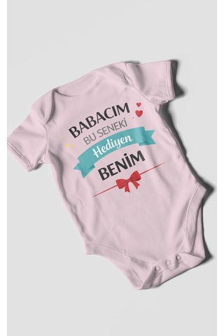 Morivokids Babacım Bu Seneki Hediyen Benim Kısa Kollu Bebek Body %100 Pamuk Bebe Pembe