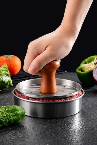 Hamburger Köfte Presi - Hamburger Press - Köfte Şekillendirici - Ahşap Saplı - Profesyonel Paslanmaz Çelik Krom