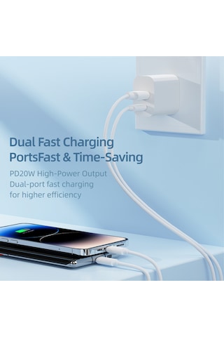 Qc Hızlı Şarj Fonksiyonlu, Çift Bağlantı Usb-a+usb-c, 20w Pd/3a Şarj Adaptörü