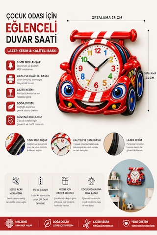 Çocuk Odası 3d Yarış Arabası Tasarımlı Ahşap Duvar Saati Renkli Eğitici Dekoratif Saat