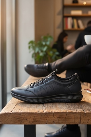Enoch Hakiki Deri Lacivert Zikzak Dikişli Erkek Sneaker Ayakkabı Ortopedik Taban Lacivert