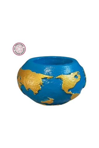 Uretti - Ayşe 7362 7938 El Yapımı Dünya Şeklinde Mavi - Gold Renk Saksı / Mumluk Dekoratif Obje - 6 X 9 Cm 1 Adet