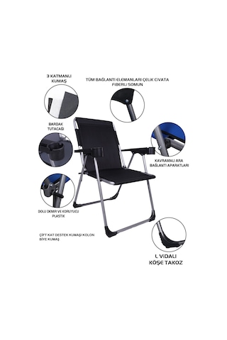 Alin Metal Kamp Sandalyesi 2''li Lüks Bardaklı Kamp Sandalyesi Ve Masa Set Puy-01 Siyah Siyah