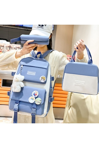 Yeiuyi Öğrenci Okul Çantası Öğle Yemeği Çantası Kalem Çantası Üç Parça Seti Mavi