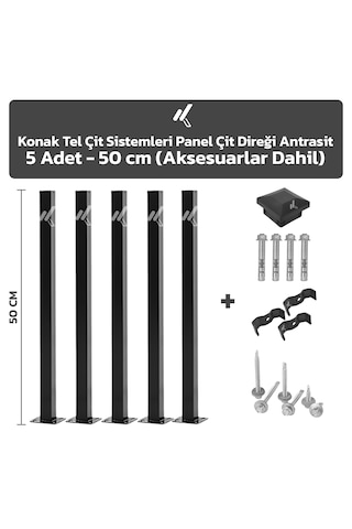 5 Adet Panel Çit Direği 50 CM Antrasit + Aksesuarlar