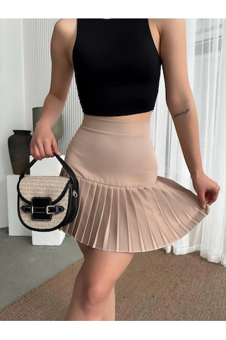 Altı Pliseli Mini Etek Bej