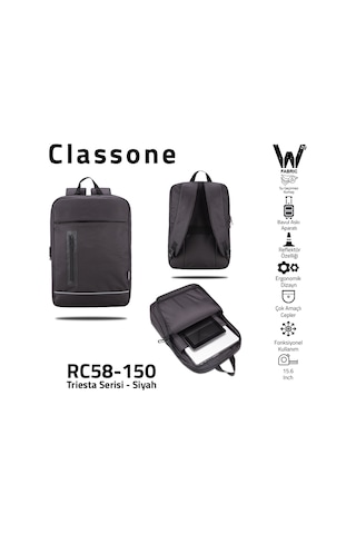 Classone RC58-150 Triesta Serisi 15.6" Notebook Sırt Çantası Siyah