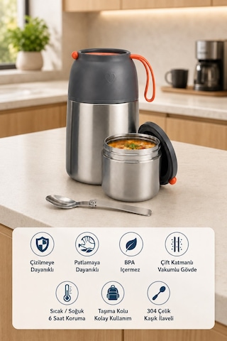 450 Ml Paslanmaz Çelik Sızdırmaz Termos Yemek Taşıma Kabı / Sefer Tası Beslenme Kutusu Çelik Rengi