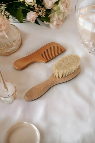 Doğal Keçi Kılı Bebek Saç Fırçası ve Doğal Ahşap Tarak 2'li Set