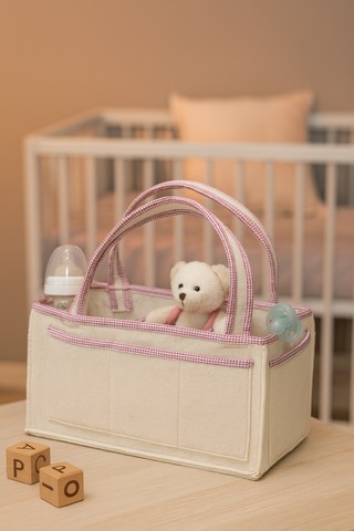 Anne Bebek Kalın Keçe Bakım Çantası Yenidoğan Için Organizer Düzenleyici Çok Amaçlı Bej Pembe Overlok Detay