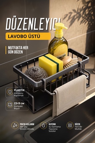 Mutfak Evye Üstü Tezgah Organizer Plastik Süngerlik Sabunluk Bez Askılı Tepsili Düzenleyici Siyah