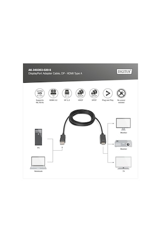 Digitus Displayport Adaptör Kablosu, Dp - Hdmı Tip A 1m Ak-340303-010-s 1m