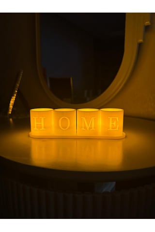 Home Yazılı 4'lü Led Tealight Mumluk Seti Beyaz Standlı Dekoratif Ev Aksesuarı