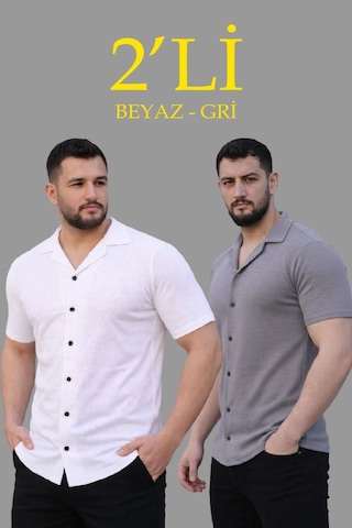 Mbb E-ticaret Erkek Waffle Dokuma Kumaş Açık Yakalı Düğmeli Gömlek 2 Li Set Beyaz-gri
