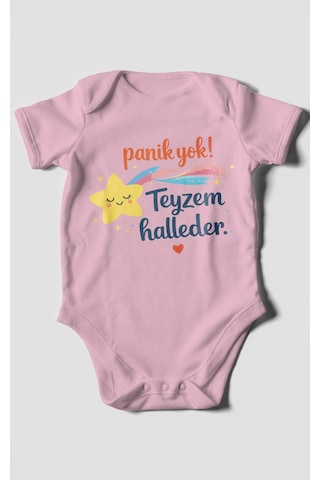 Morivokids Panik Yok Teyzem Halleder Kısa Kollu Bebek Body %100 Pamuk Koyu Pembe