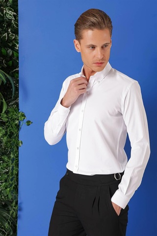 Efor Slim Fit Düğmeli Yaka Pamuklu Klasik Beyaz Gömlek Gk 714 Beyaz