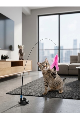 Vantuzlu Ve Çıngıraklı İnteraktif Kedi Oyun Oltası Pembe Tüylü