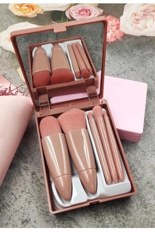 Tr C005 Taşınabilir 5 Parçalı Aynalı Profesyonel Makyaj Fırça Seti - Taşınabilir Mini 10.5cm Bakır Renk
