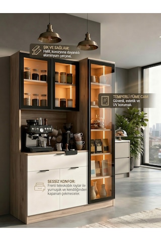 Dream Premium Kahve İstasyonu - Kahve Köşesi Ve Mutfak Ünitesi - Safir Meşe Füme Temperli Camlı Led Modül Safir Meşe