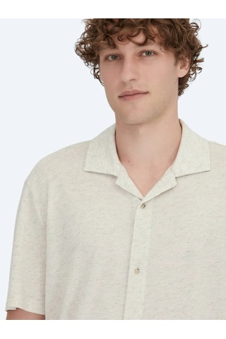 Kip Bej Desenli Casual Keten Karışımlı Gömlek Bej