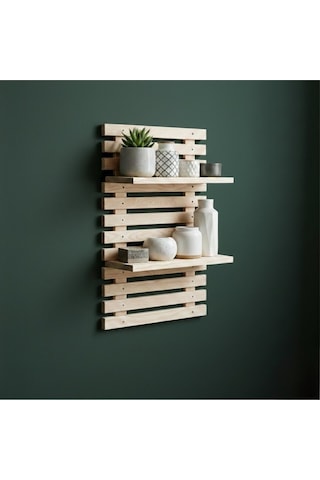 Woodify Yapışkanlı Doğal Ahşap Duvar Rafı - 50x30 Cm Matkapsız Montaj Dekoratif Mutfak Banyo Rafı Bej