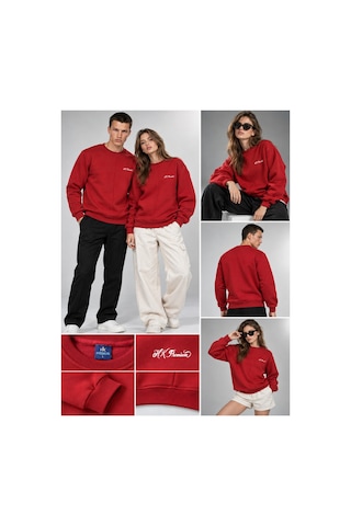 Hk Premium Sweatshirt Bisiklet Yaka Hk Premium Logolu Erkek Basic Kırmızı