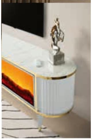 Bera Marmo - Gold Şömineli Ceylan Tv Sehpası Beyaz - Gold