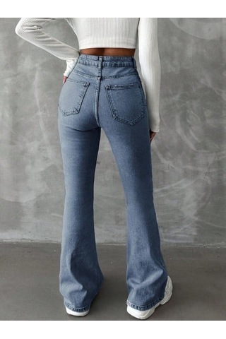 Herton Yüksek Bel İspanyol Paça Jean Pantolon - Eskitme Detaylı Full Pamuklu Flare Denim Bebe Mavi
