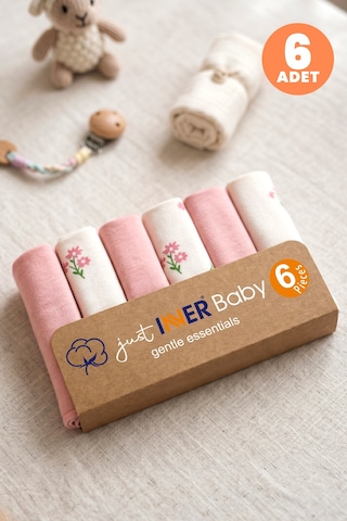 Just Inner Kız Bebek 6'lı Pamuklu Ağız Mendili Çiçekli Kutulu Set Nefes Alan Doku 684203 Somon