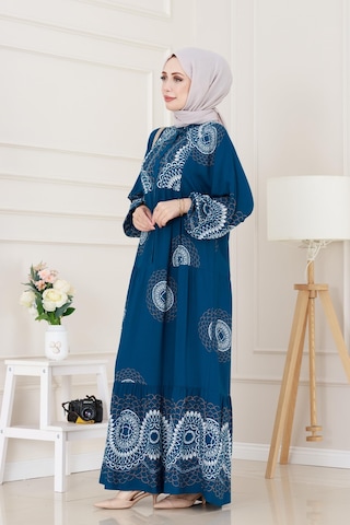 Sevitli Yarasa Kol Robalı Nare Elbise-indigo-5014 İndigo