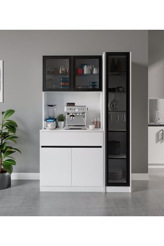 Moon Midi Sağ Vitrinli Kahve Köşesi Komple Mdf Led Mutfak Dolabı Beyaz