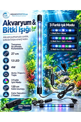 Akvaryum Işığı - Balık Işığı - Bitki Işığı - 27 Cm - 12 Led - Tamamen Su İçinde Kullanılabilir - 3 Modlu - 4w - Mükemmel Işık