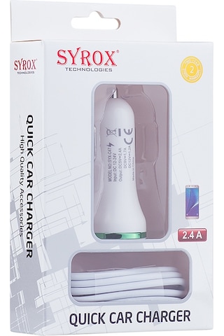 Syrox C47 Araç Şarj Aleti Micro Usb Kablo Set 2.4A Beyaz