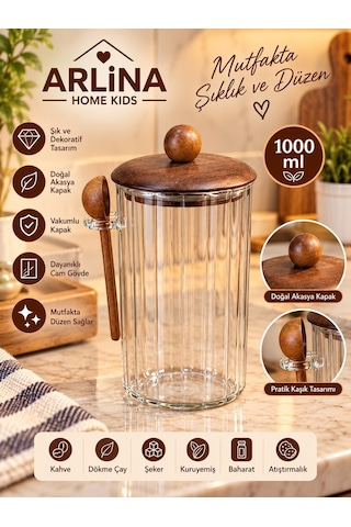 1000ml Akasya Kapaklı Kaşıklı Cam Kavanoz Şeffat Cam - Akasya Ahşap Kapak