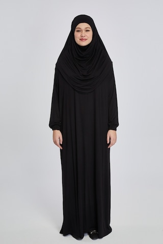 Pratik Başörtülü Rahat Giyilebilen Organik Tek Parça Namaz Elbisesi Siyah