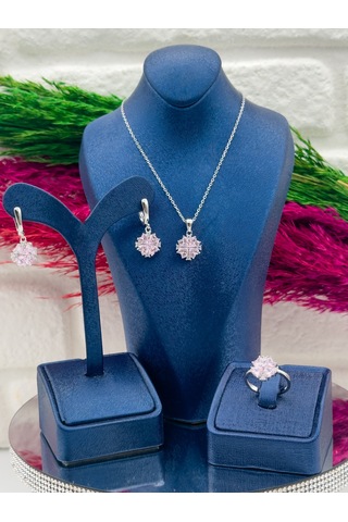 925 Ayar Gümüş Pembe Kuvars Taşlı Özel Tasarım 3 Lü Zarif Kadın Takı Seti Gümüş