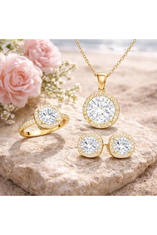 Gümüş Gold Yuvarlak Montür Tek Taş Kadın Set Çok Renkli