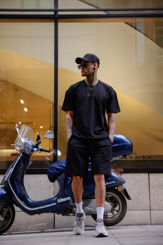 Siyah Renk Bisiklet Yaka Şort Tişört Takım-1707 Siyah