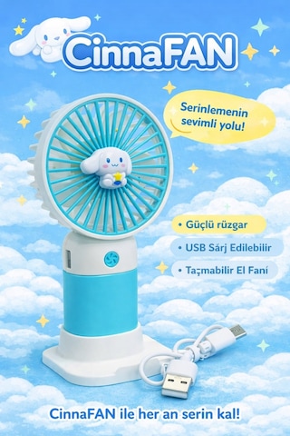Jasper Turkuaz-beyaz Cinnamoroll Figürlü Taşınabilir Standlı Serinletici Fan 3 Hız Ayarlı , Typ-c Şarjlı Fan Masaüstü Fa