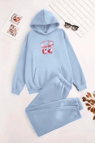 Unisex Kapüşonlu Bebemavi Eşofman Takımı Very Cherry Baskılı- Kışlık Şardonlu Kumaş Bebemavi