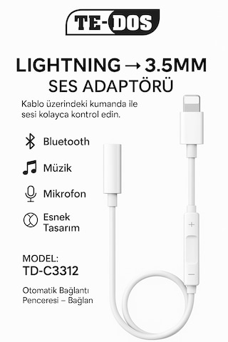 İphone İpad 8 Pin Lightning Aux Çevirici - 3.5 Mm Kablodan Kontrollü Jack Kulaklık Adaptörü 1 Adet