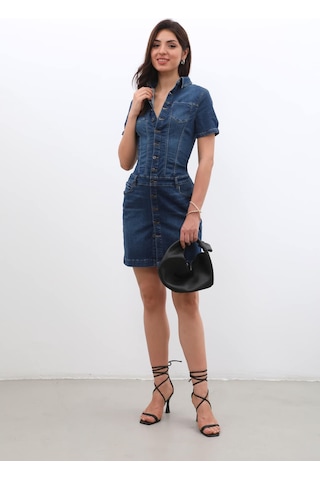Banny Jeans Kadın Boydan Düğmeli Jean Elbise Koyu Mavi