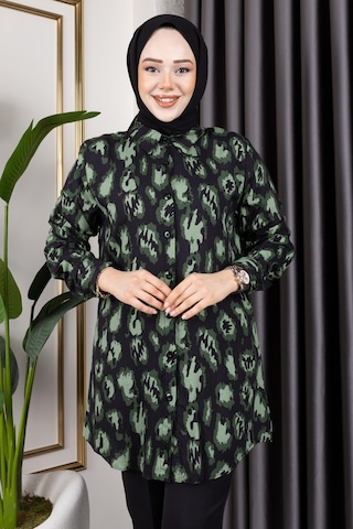 Hira Life Fashion Kadın Tesettür Giyim Ve Spor Giyime Uygun Önü Düğme Detaylı Şık Desenler Dokuma Viskon Gömlek-tunik Haki 5 Haki 5