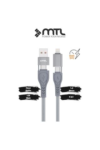 128w 4'ü 1 Arada 4ın1 Süper Hızlı Şarj Destekli Çoklu Fonksiyonlu Hasır Kablo 1.2 Metre Mt2513