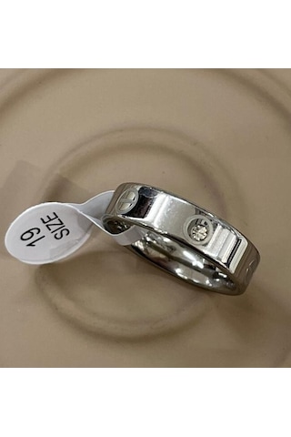 Premium Gümüş Renk Parlak Taşlı Modern 316l Çelik Yüzük 19 Ölçü