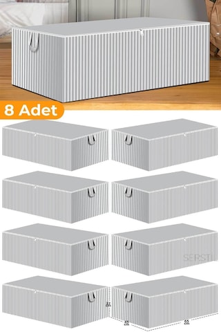 Serstil 8 Adet - Antrasit Çizgili Büyük Boy Baza Altı Ve Çekyat Tipi Hurç 65 X 45 X 22 Cm Gri