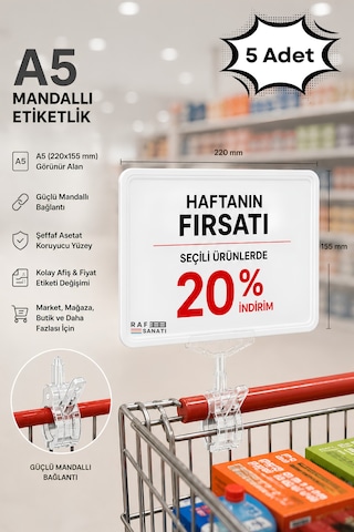 5 Adet - A5 Mandallı Etiketlik Fiyatlık Sepet Raf Askılık Fiyat Etiketi Çerçeveli Market Mağaza Beyaz