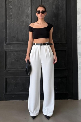 Madmext Beyaz Çift Pileli Kemerli Pantolon Mg2330 Beyaz