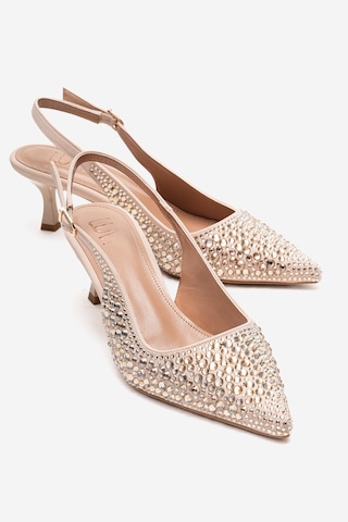 Luvishoes Thea Ten Altın Taşlı Kadın Topuklu Ayakkabı Ten