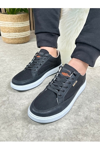 Günlük Erkek Sneaker Bağcıklı Kaymaz Taban Keten Deri Detaylı Oval Burun Spor Yürüyüş Ayakkabı 2545 Siyah Beyaz